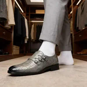 Luxury Gray Crocodile Print Monk Strap Formal Shoes