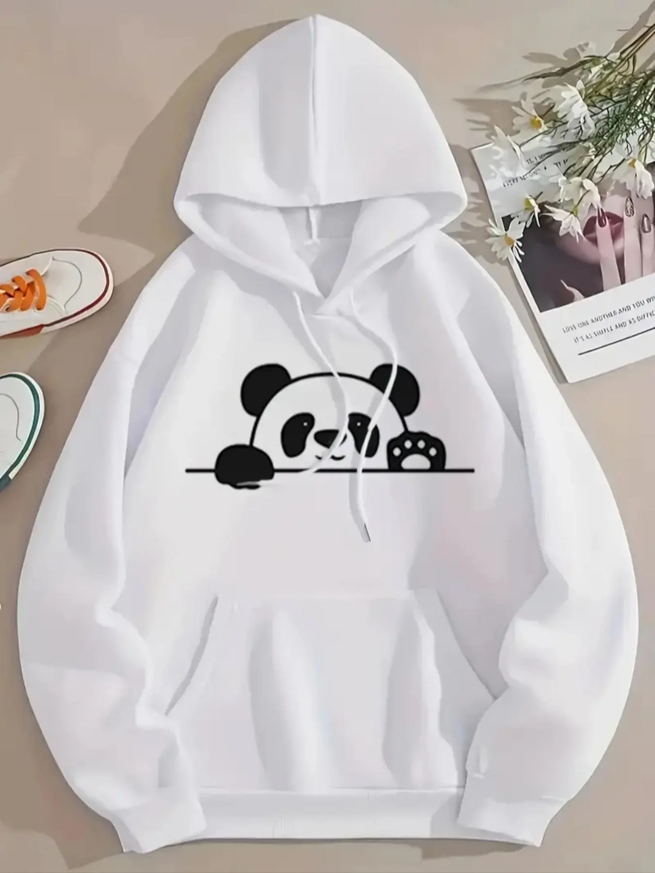 Women's Panda Print Drawstring Pocket Hoodie, Fashion Casual Hoodies for Daily Holiday Outdoor Wear, Women's Clothing for Fall & Winter