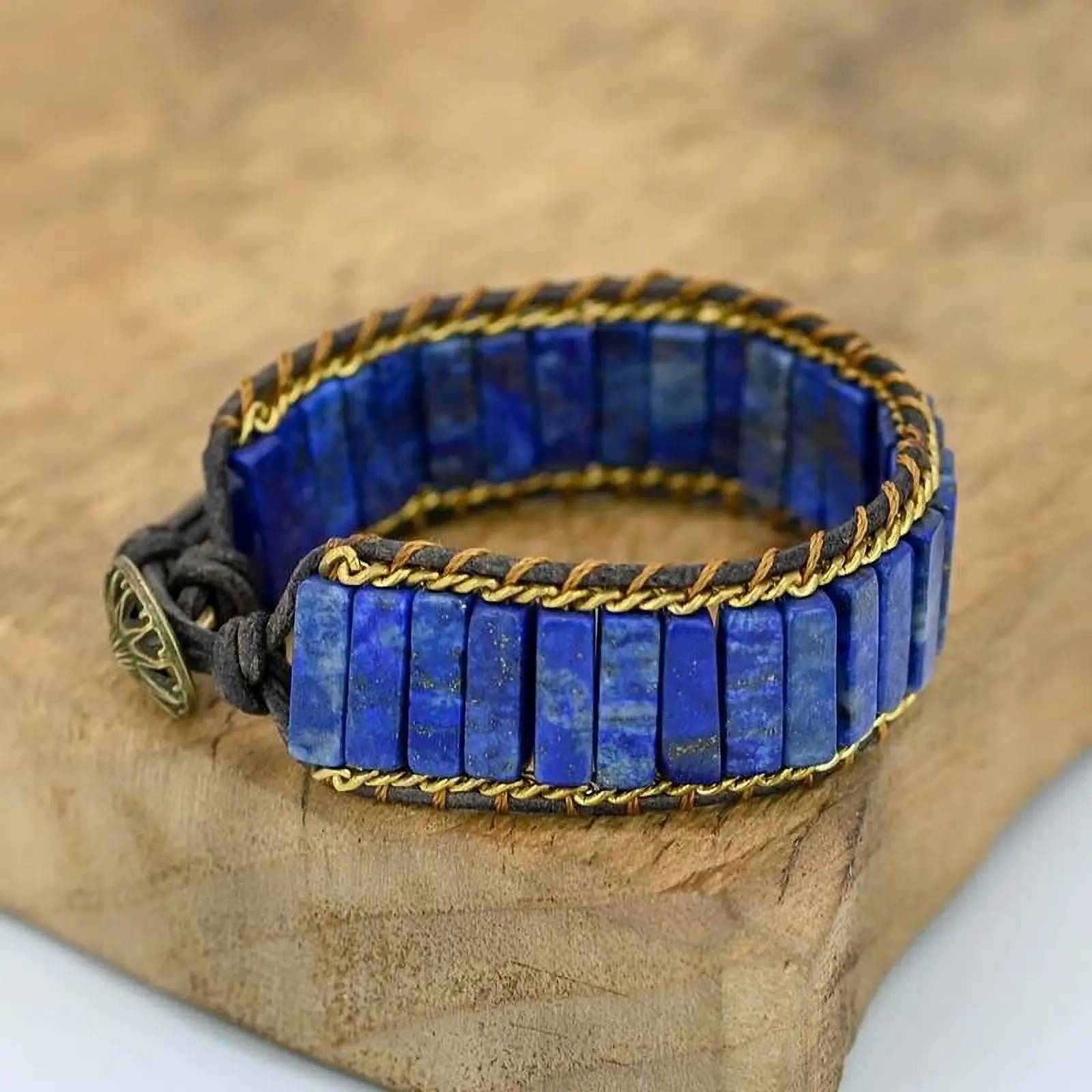 Lapis Lazuli Blue Stone Beads Bracelet with Golden Flecks, Adjustable Closure, Throat Chakra Activation, Symbol of Truth Spiritual Costume Jewelry Accessory