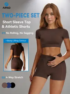 AIRILA Yoga Set 2 Piece | No Roll Down High Waist Tummy Control Shorts | Butt Lifting Booty Sculpt | Crew Neck Short Sleeve Crop Top | All in One Workout & Daily Outfit