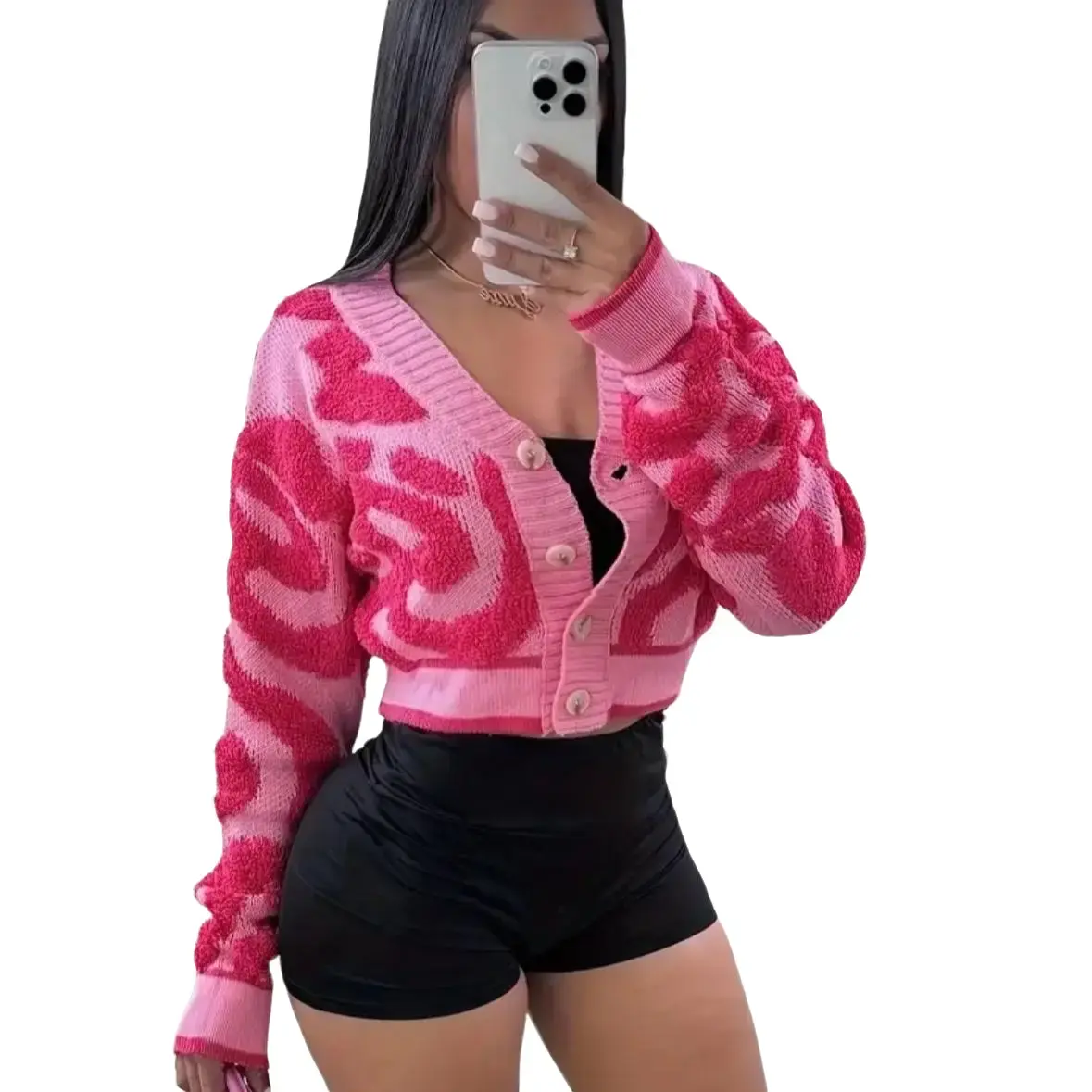 Women's Cozy Long Sleeve Crop Cardigan - Soft Jacquard Button Front, Knitted Fabric, Casual Chic Style, Perfect for Spring & Fall - Coats, Womenswear