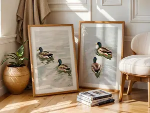 Retro Mallard Duck Art Print, Buck Hunting Animal Vintage Poster, Funny whimsical wall art, Cabin Bedroom Home decor, Unique Gift for Dad Men