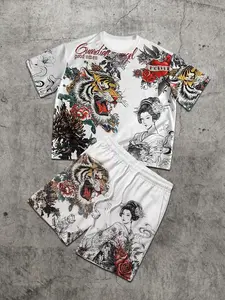 Japanese Tattoo Style Tiger Geisha Print Set, Background Full Print, Street Retro Vibe, Casual Short Sleeve Suit