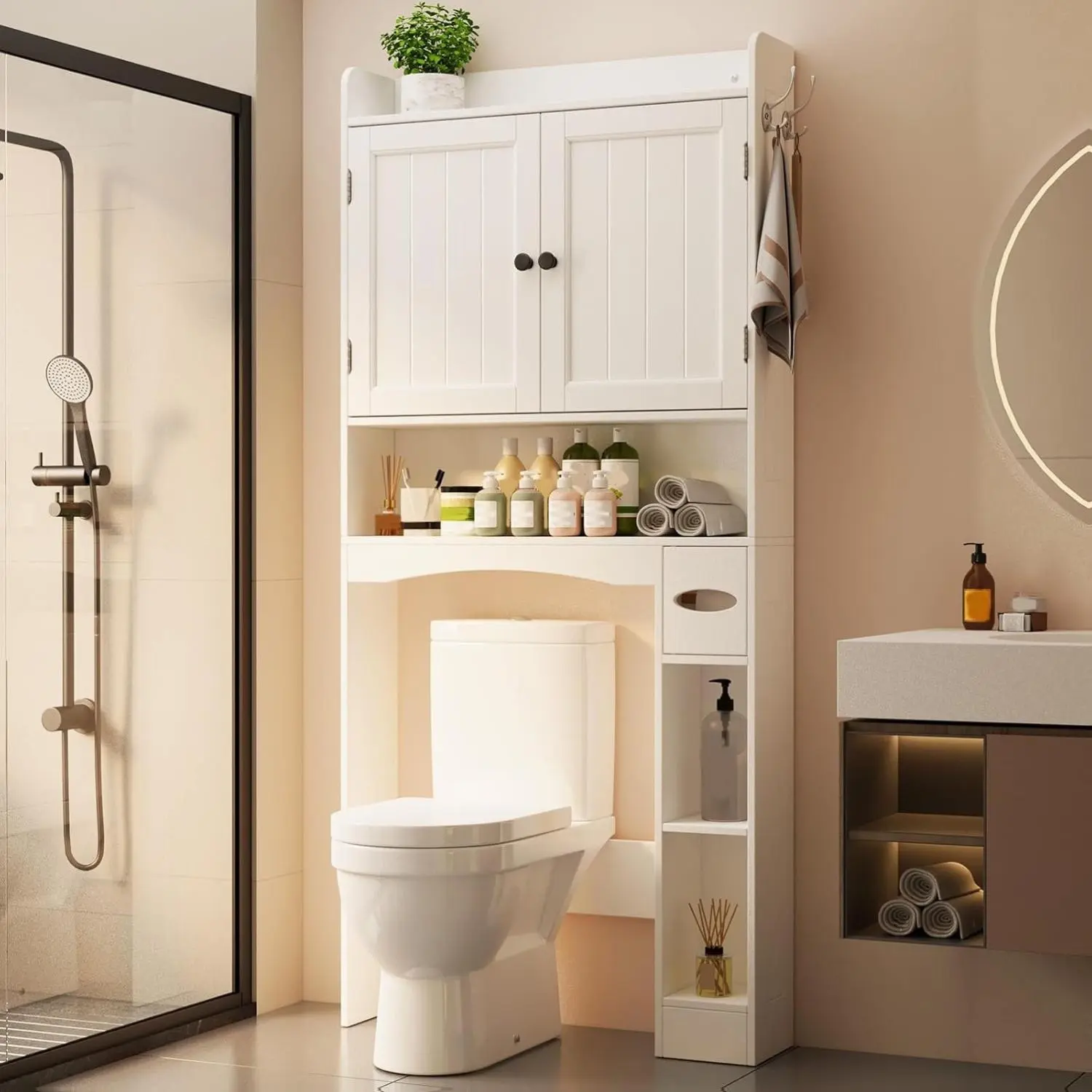 Gizoon Over The Toilet Storage Cabinet, 32.3" W x 70.3" H Over Toilet Bathroom Organizer with Doors, Adjustable Shelves, Toilet Paper Holder, 2 Side Hooks, Space-Saver for Bathroom, Laundry, White