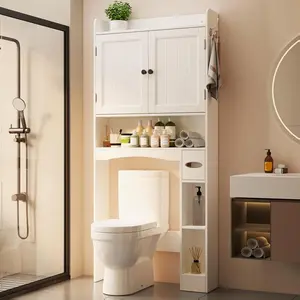 Gizoon Over The Toilet Storage Cabinet, 32.3" W Over Toilet Bathroom Organizer with Doors, Adjustable Shelves, Toilet Paper Holder, 2 Side Hooks, Space-Saver for Bathroom, Laundry, White