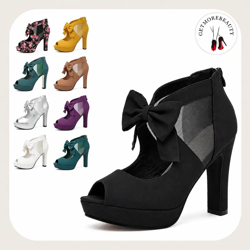 getmorebeauty Women's Open Toe Bowknot Design Wedge Sandals - Thick Soled, Bow Strappy, Rubber Sole, Platform Heels - Elegant Party Footwear for Wedding, Honeymoon, Date - Black Chunky Prom Shoes
