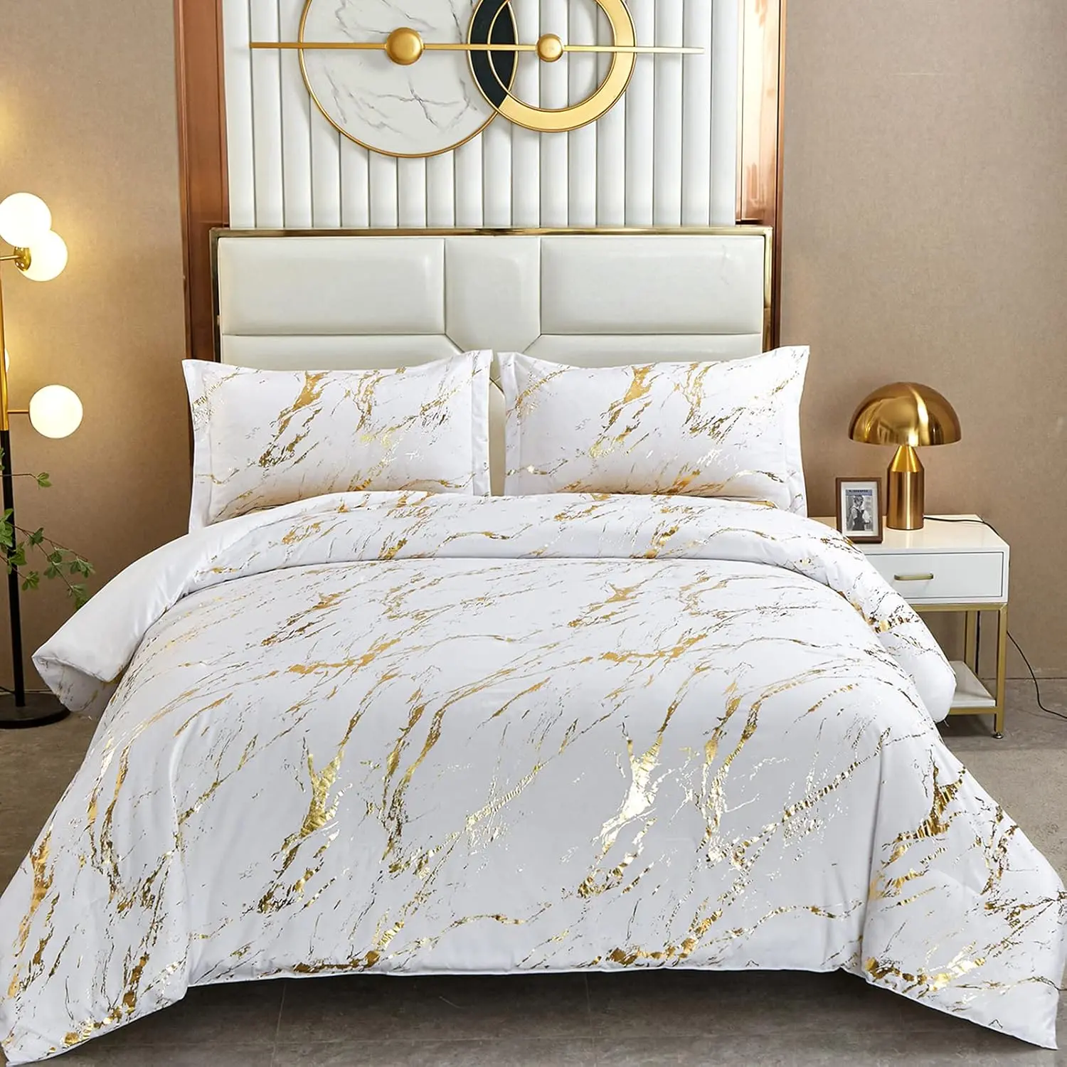 White  Metallic Marble Comforter Set  Foil Print Glitter  Sets with 2 Pillowcases for  Seasons, Soft Microfiber Filling  Duvet Set 90"x90"