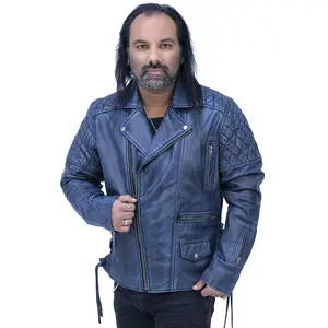 Quilted Blue Distressed Leather MC Jacket CC Pockets #MA2024QGU