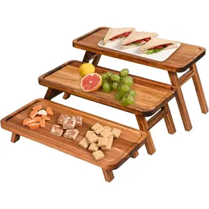 3 Tier Serving Tray Acacia Wooden Tiered Tray Stand Foldable Dessert Table Display Set Decor Charcuterie Boards for Party, Birthday, Wedding, Christmas