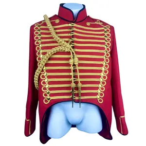 Red British Hussar Tailcoat Jacket – Men’s Military Officer Steampunk Uniform Coat with Gold Braid