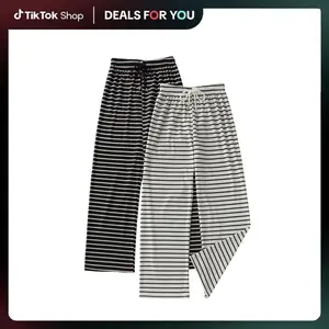 Women's Chic High-Waisted Striped Ribbed Knit Soft Loungewear Bottoms, Adjustable Drawstring Straight-Leg Pajama Sleepwear Separates, XS-XXL