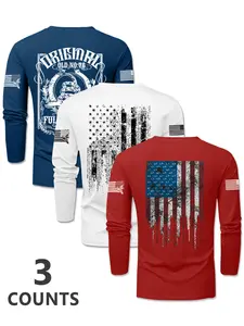 Men's 3-Piece Knitted Flag Gradient Print Crew Neck Fitted Long Sleeve T-Shirt Set, Knitwear, Tops, Spring Outdoor Casual Pullover Tee, 3-Pack