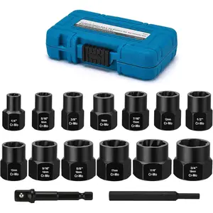 13- 3/8-inch  Bolt & Nut Remover Set, Nut Extractor Socket, Bolt Remover Tool Set with Hex Adapter, Metric and SAE