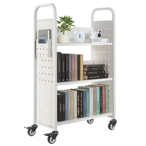 【FathersDayGift】 VEVOR Steel Rolling Library Book Cart, 330 lbs Capacity, 30.3x15x48.0-in, Single-Sided L-Shaped Shelves, 3-in Lockable Wheels, Easy Installation Organiser with Shelf/Racks for Home & Office Use, White
