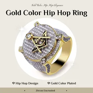 Male Hip Hop Style Zircon Stone Statement Piece Ring - Retro Western Design, Gold-Plated AG Freemason Letter Costume Jewelry Accessory