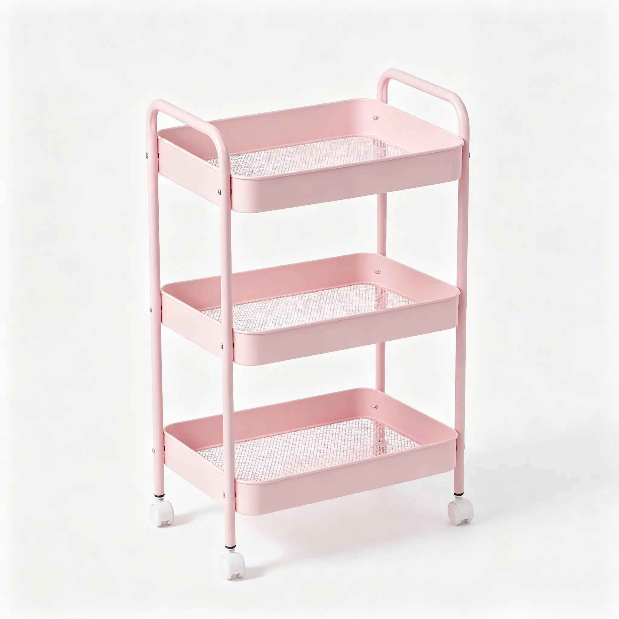 3-Tier Metal Mesh Rolling Storage Cart with Side Handle, Multi-Purpose Wheeled Utility Organizer Trolley, Metal Frame Mobile Shelving Cart for Bedroom Makeup, Bathroom Toiletries,  Kitchen Snacks, Kids Toy Storage, Pastel Pink Rolling Cart