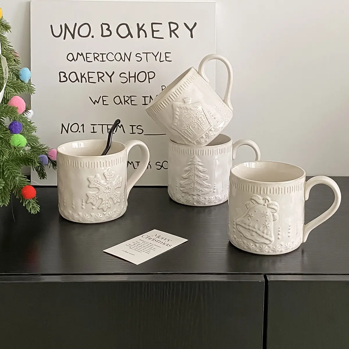 Christmas Relief Mug, Creative Christmas Tree House Bell Snowflake Ceramic Cup, Coffee Cup for Home Party, Gift Idea, Christmas Present, Ceramic Drinkware, Stackable Mugs