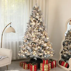 7.5 ft Prelit Flocked Artificial Christmas Tree, 500 Clear Lights, 1530 Tips, Metal Stand for Home & Office Holiday Decorations