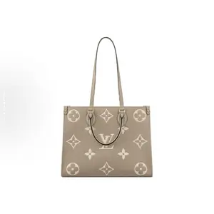Pre-owned Louis Vuitton cowhide Tote Bags OnTheGo MM in Dove Gray & Cream Monogram Empreinte Bicolor Leather