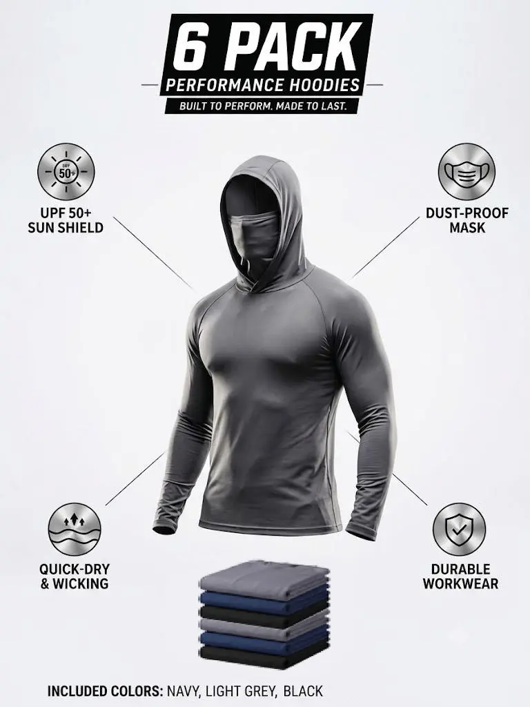 Men's 6-Pack UPF 50+ Sun Protection Polyester Compression Tees - Lightweight Knit, Built-in Face Mask, Long Sleeve, Form-Fitting, Quick Dry, All Seasons Work Tops for Fishing, Construction, Polyester Clothes