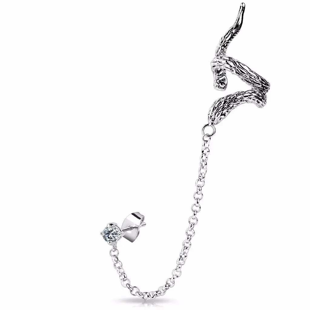Snake Design Ear Cuff with Chain Linked Clear CZ set Stud Earring- Left Only