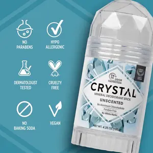 Crystal Mineral Deodorant Stick Unscented - 4.25oz No Aluminum, Paraben Free and No White Marks, 24hr Odor protection