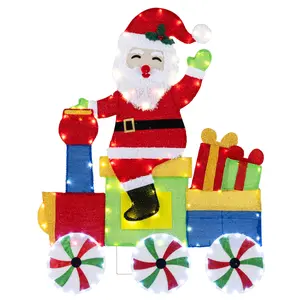 COSTWAY - Lighted Santa on Train Christmas Decoration with LED Lights