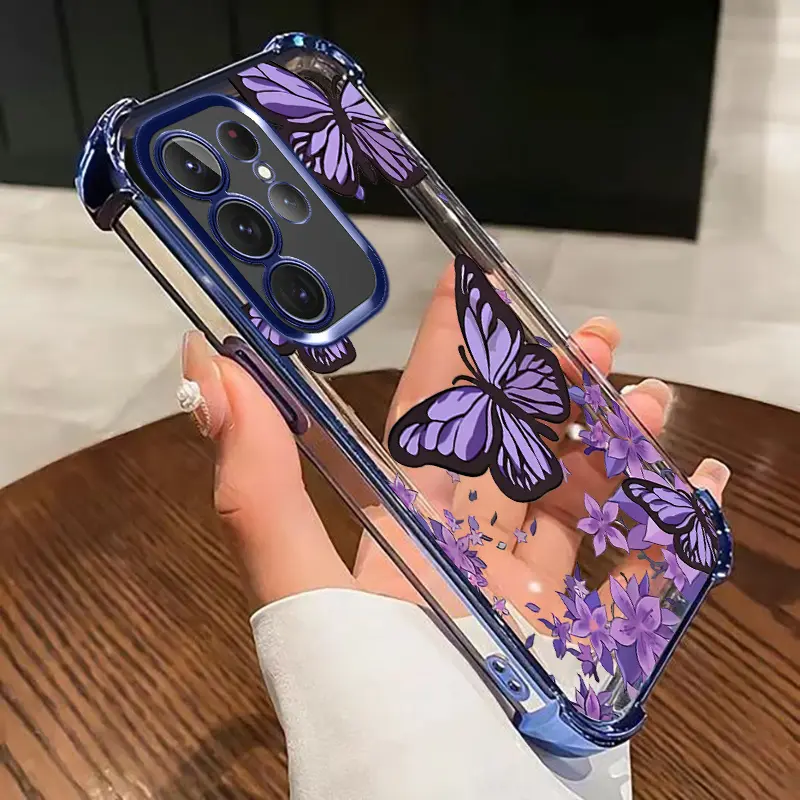 Beautiful purple butterfly Pattern Phone Case Compatible with Samsung Galaxy S23 Ultra S24 Plus S25 S22+ FE Edge Electroplated Four-Corner Anti-Fall Protection Cellphone Cover