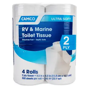 Camco Marine & RV Toilet Paper — 2-Ply — Septic Safe — Dissolves Fast — Dye & Fragrance Free — 4-Rolls (500 Sheets Per Roll)