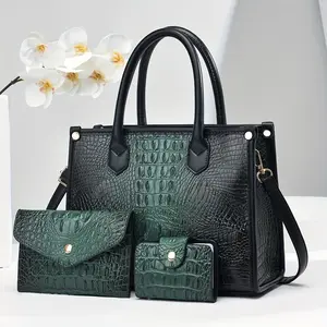 Women's Light Luxury Crocodile Pattern Handbag Set - 3-Piece Lettered Shoulder Bags| Large Capacity Fashion Trendy Tote| Daily Shopping Party Gift Essential for Moms
