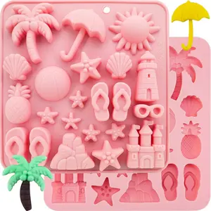 2Pcs Summer Beach Theme Silicone Baking Molds Coconut Tree Starfish Shells Beacon Pineapple Shape for Chocolate Candy Jello Cookie Ice Cube Ideal for Tropical Summer Party