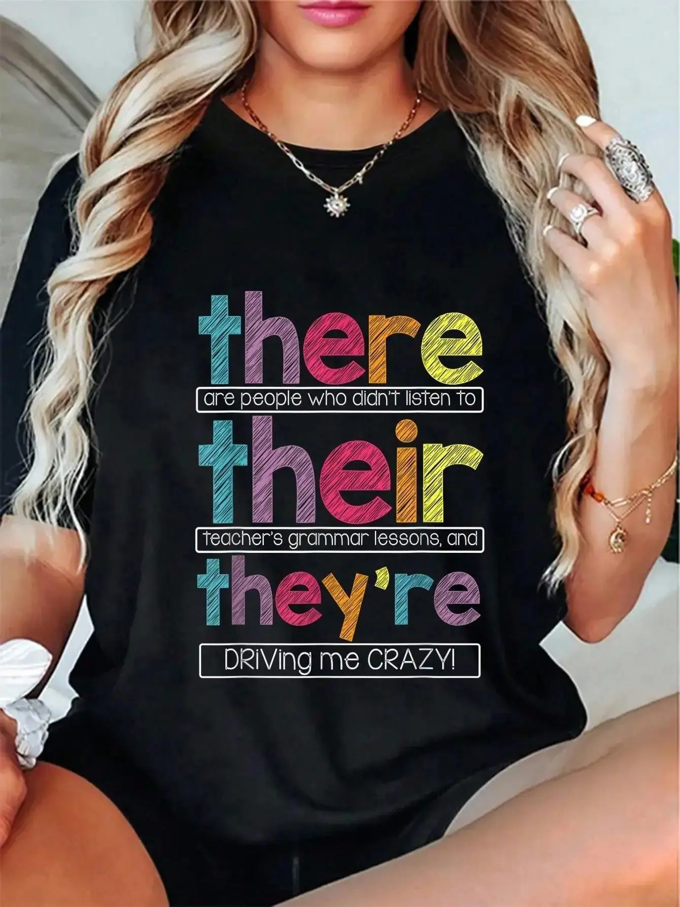 Women's 100% Cotton Oversized Short-Sleeve Round Neck T-Shirt, English Grammar "There Their They're" Funny Humor Top for Everyday Wear