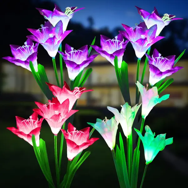 4-Pack Outdoor Solar Lily Garden Lights, Bigger Flower & Panel, Waterproof 7-Color Changing Decor for Patio Yd, Mom Gift