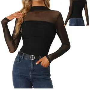 Women's solid long-sleeved see-through mesh top with stand-up collar and side panels - a versatile shirt for all seasons, breathable and wrinkle-resistant, perfect for casual or formal occasions ropa interior para mujeres