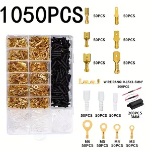 Bullet Terminals 2.8/4.8/6.3 - 1050pcs Combination Set - Nude Terminal Spring Insert - Golden Terminals with Sheath-Copper Crimp Terminals Cable Lug Wire Connector - Non-insulated Assortment Kit with Heat Shrink Tubing