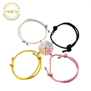 FASHONS Sun Moon Star Cloud Magnetic Bracelet 4-Piece Set Adjustable Friendship Family Couple Colorful Puzzle Matching Braided Cord Jewelry Gift for Teens Adults