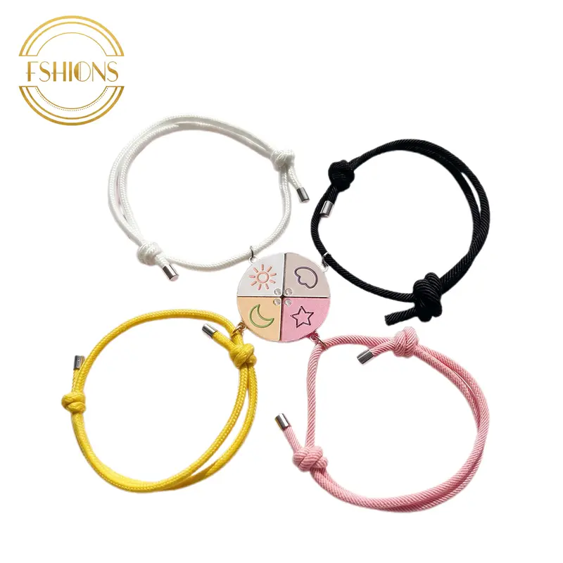 Unisex 4-Pieces Magnetic Charm Bracelet Set - Celestial Star, Sun, Moon, Cloud Design, Adjustable Braided Cord, Colorful Puzzle Matching, Jewelry for Women, Teens and Adults, Anniversary Gift Idea