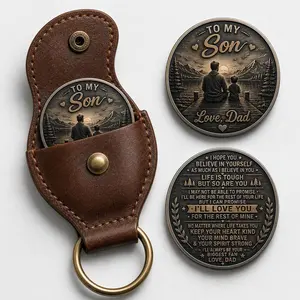 [Sale up to 50%] [Free Ship] Father’s Day Leather Keychain Gift for Son, To My Son Pocket Hug Coin, Dad to Son Keepsake, Father Day Gift