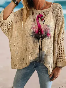 Spring and summer round-neck diamond hollow batwing sleeve knitted cardigan, flamingo print, loose drop shoulder, slim fit, great for commuting, vacation and bikini cover-up.