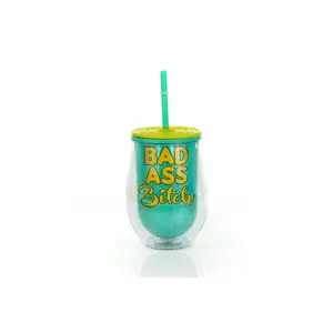 Bad Ass Bitch Reusable Plastic Wine Tumbler Cup With Lid & Straw | Holds 12 Ounces