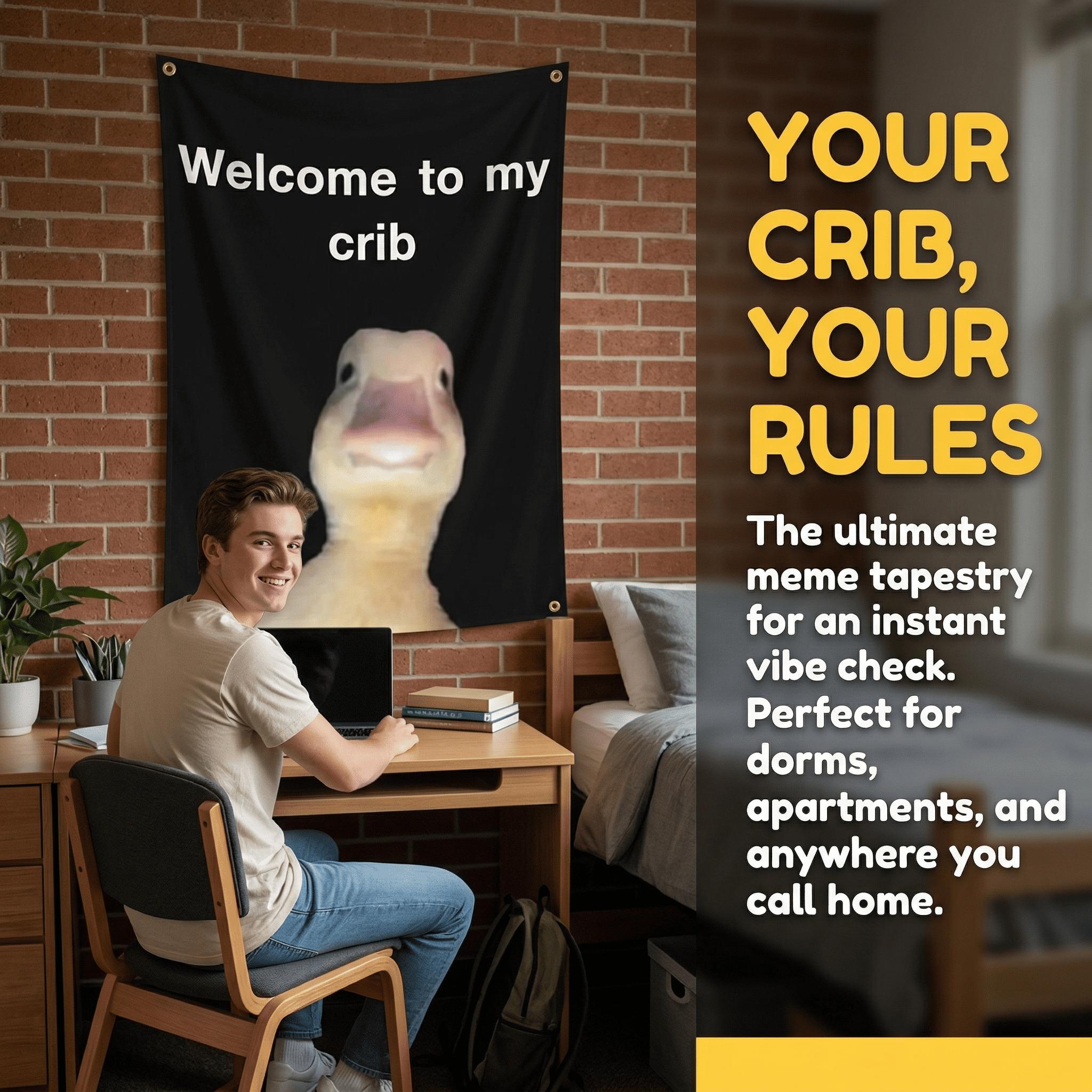 "Welcome to My Crib" Letter & Duck Pattern Tapestry, Funny Flags for Room Decor, Wall Hanging Decor for Living Room & Bedroom, Valentine's Day Gift, Decoration Items, Home Bedroom Decor "Welcome to My Crib" Letter & Duck Pattern Tapestry, Funny Flags for Room Decor, Wall Hanging Decor for Living Room & Bedroom, Valentine's Day Gift, Decoration Items, Home Bedroom Decor