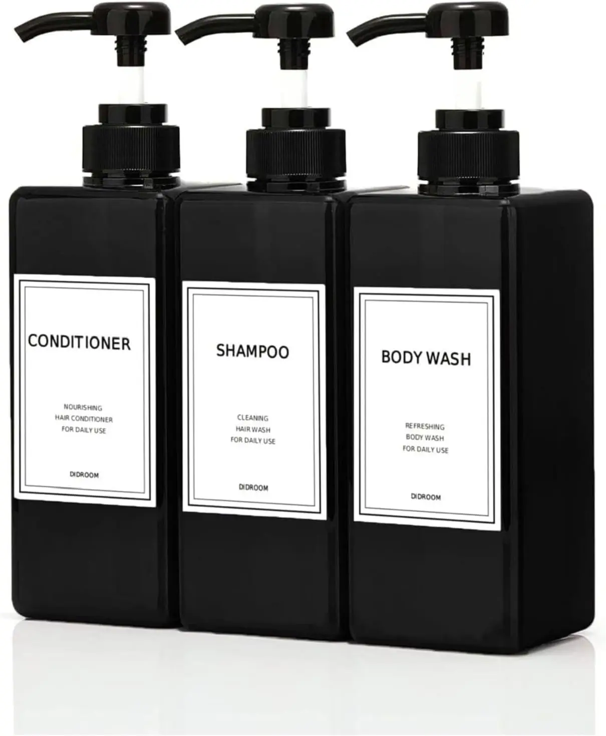 Modern Shampoo and Conditioner Dispenser (21 oz, Pack of 3) Refillable Pump Bottle Set Empty Shower Plastic Bottles with Pump for Bathroom Body Wash Soap and Shower (Black)