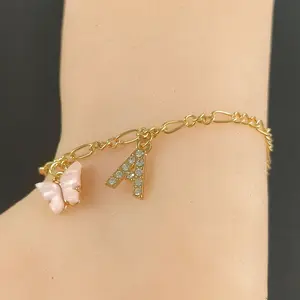New Exquisite Pink Butterfly 26 Letter Anklet for Women Titanium Steel Cuban Chain Bohemian Beach Foot Jewelry Gold-plated Geometric Shape Hypoallergenic Twist Chain heart elegant stainless initial italian usa Pendant Necklace with Buckle extendable