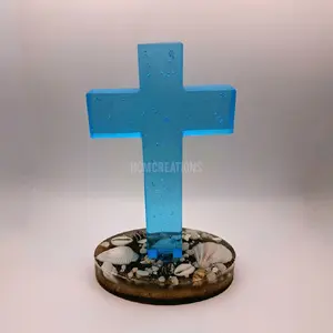 Handmade Cross - Decorative Cross with Shell Base, Blue Color, Ideal for Home Decor