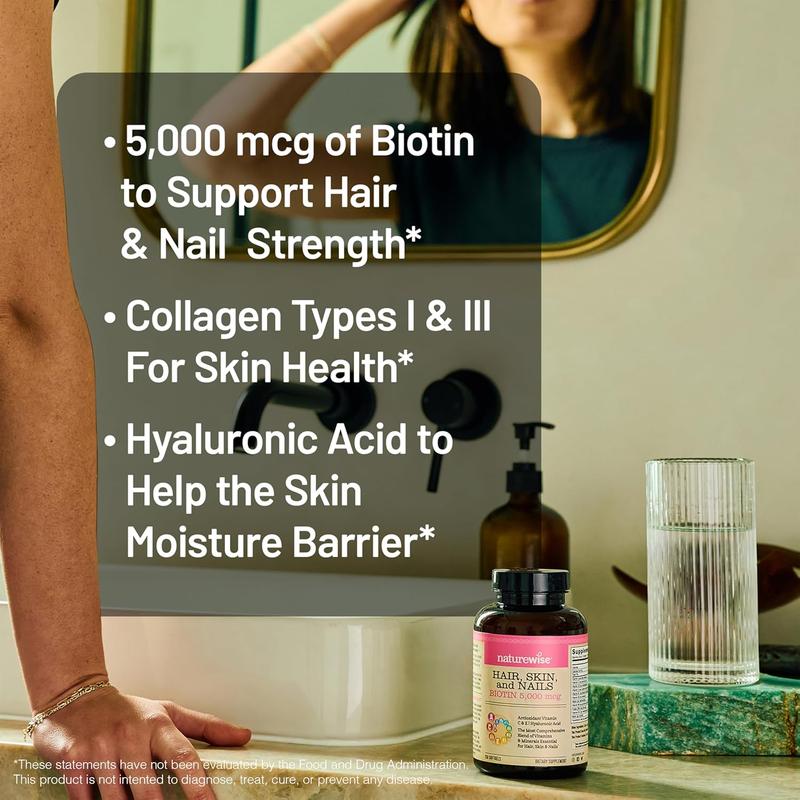 NatureWise Hair Skin and Nails Vitamin, Biotin 5000mcg w/Hyaluronic Acid, Collagen for Women with C, B Complex, D3, A, E, Iron - Non-GMO, Gluten Free - USA Manufactured