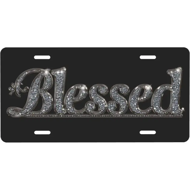 Blessed Black Metal Metal Front License Plate with 4 Holes, Rust-Free Fade Resistant Decorative Car Plates, Novelty Decor Vanity Tag License Plate for Trucks, SUVs, 6×12 Inch