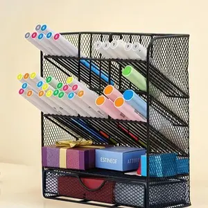 Black Metal Pen Holder with Hidden Drawer, Mesh Surface, and Multiple Grids – Office Stationery Accessory, Organizer Storage for Home Office Desk