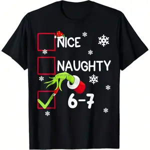Boys' Christmas 67 pattern cotton T-shirt, black background with red and green numbers, featuring a Santa hat design; a festive Christmas/birthday gift. Girls' T-shirt - festive 67 number and snowflake pattern, children's summer clothing, black cartoon st