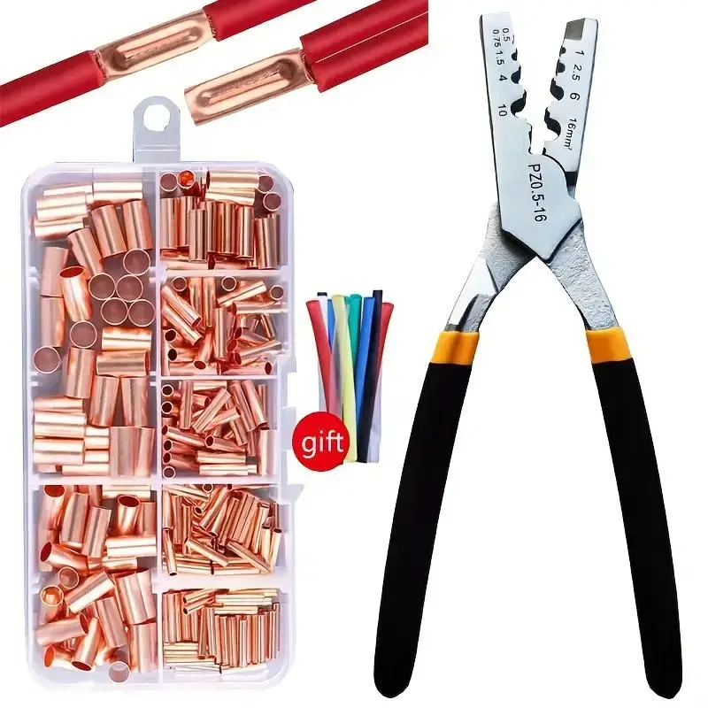 250Pcs Copper Wire Ferrules Kit - 7 Sizes Non-Insulated Crimp Connector Butt Terminal Assortment with Pliers, Heat Shrink for Home Improvement, Home Appliances, Marine, Automatic Equipment