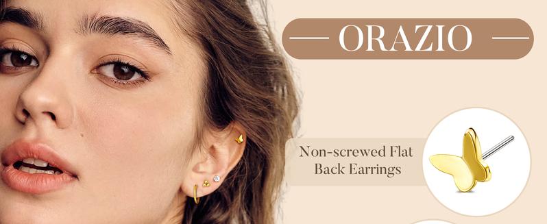 ORAZIO Small Flat Back Earrings Push in Studs for Women Men Hypoallergenic 14K Gold Plated Surgical Steel Threadless Hoop Cartilage Set for Multiple Piercings